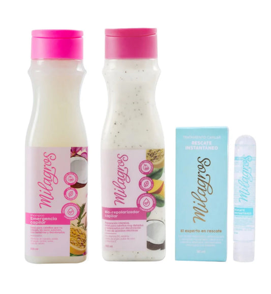 Kit Rescate Capilar (Shampoo Emergencia Capilar + Biorepolarizador + Rescate Instantáneo) - Milagros - Milagros